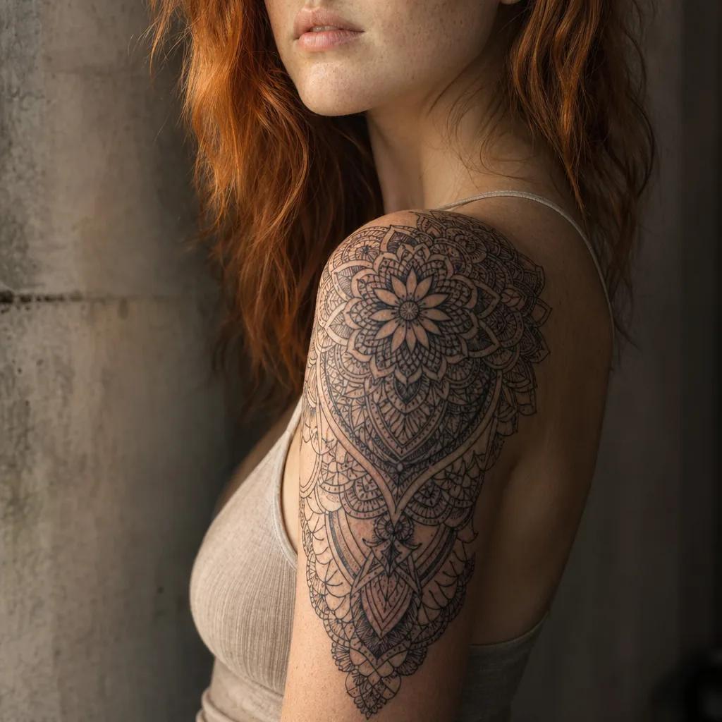 women's arm tattoo mandala lace sleeve, realistic photo on skin