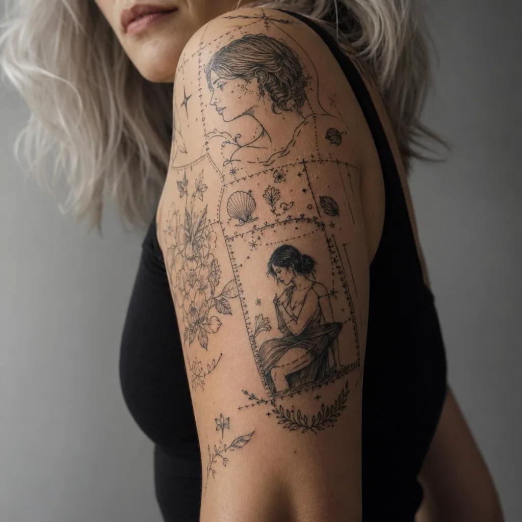 women's arm tattoo feminine flash patchwork, realistic photo on skin