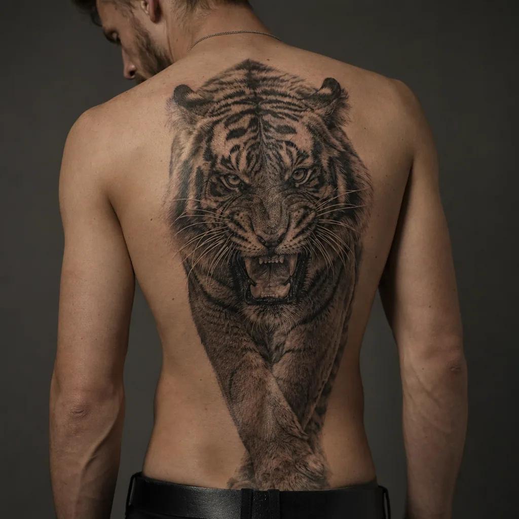 back-tattoo realistic roaring tiger