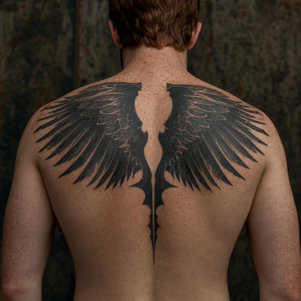 men's back tattoo blackwork wings on the shoulder blades, realistic photo on skin