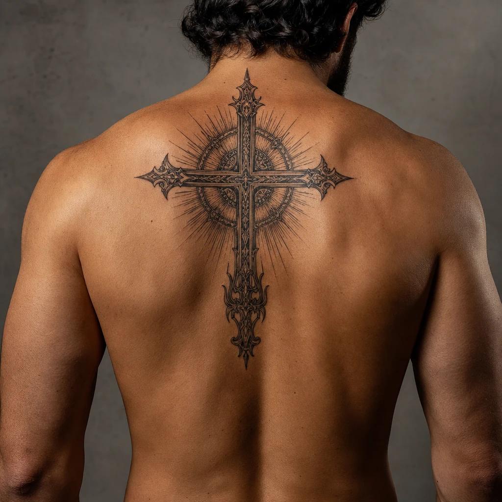 men's back tattoo religious back cross, realistic photo on skin