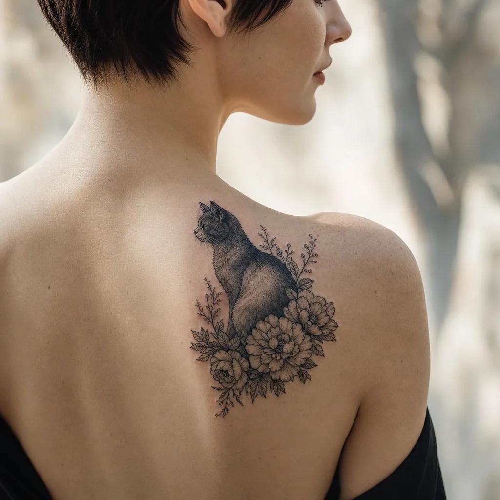 idée tatouage chat chat dans les fleurs floral