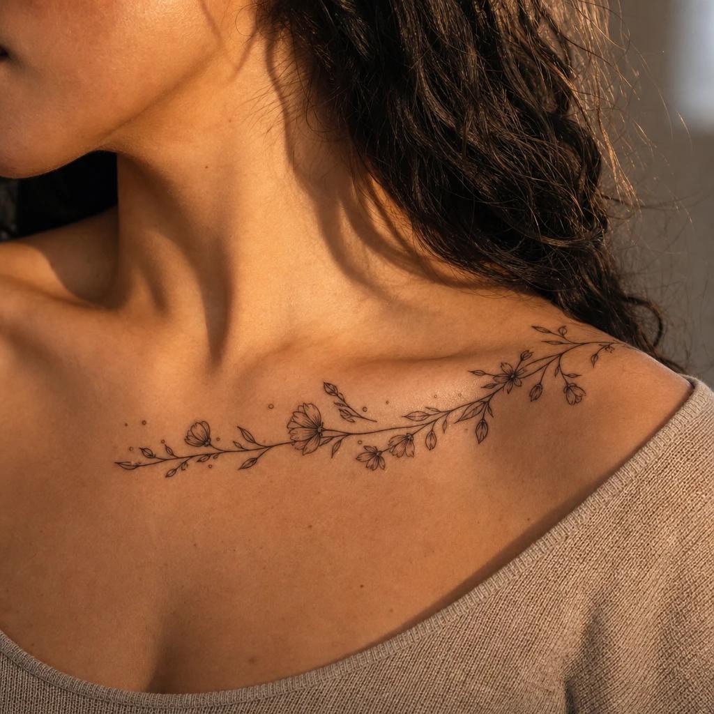 collarbone (women) tattoo flowering branch below the collarbone, realistic photo on skin