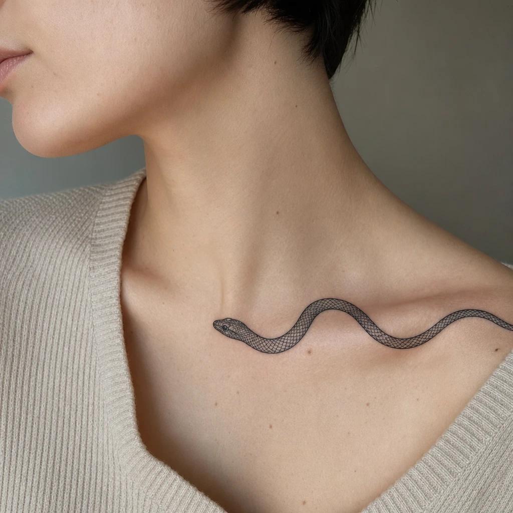 collarbone (women) tattoo snake following the collarbone, realistic photo on skin