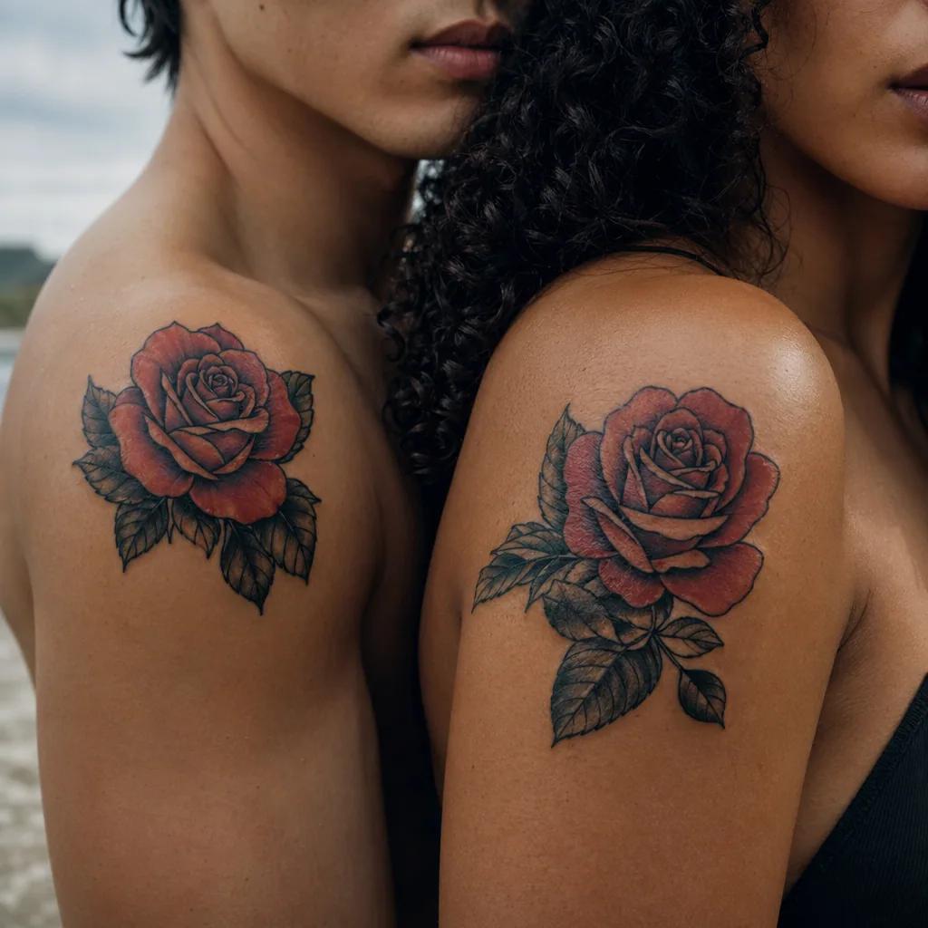 couple-tattoo neo-traditional roses