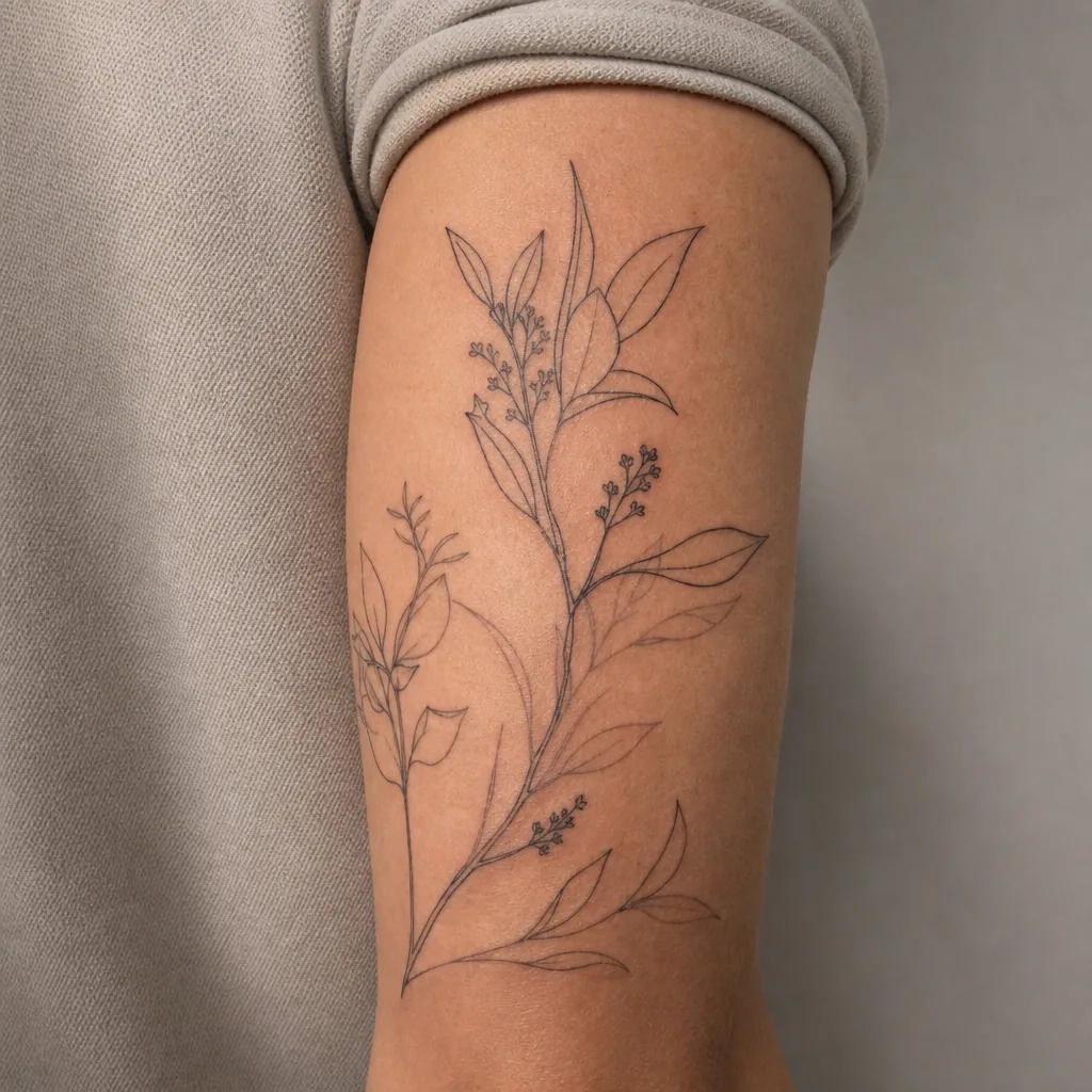 cover-up tattoo fineline cover-up mit pflanzen, realistic photo on skin