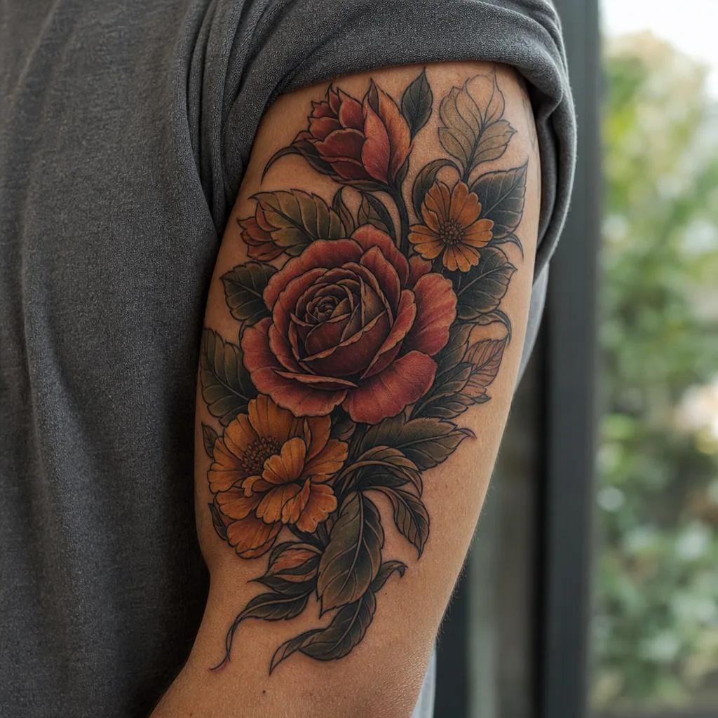 cover-up tattoo neo-traditional mit blumen, realistic photo on skin