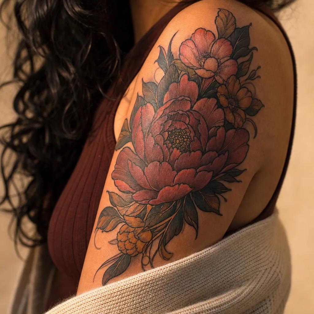 cover-up tattoo neo-traditional mit blumen, realistic photo on skin