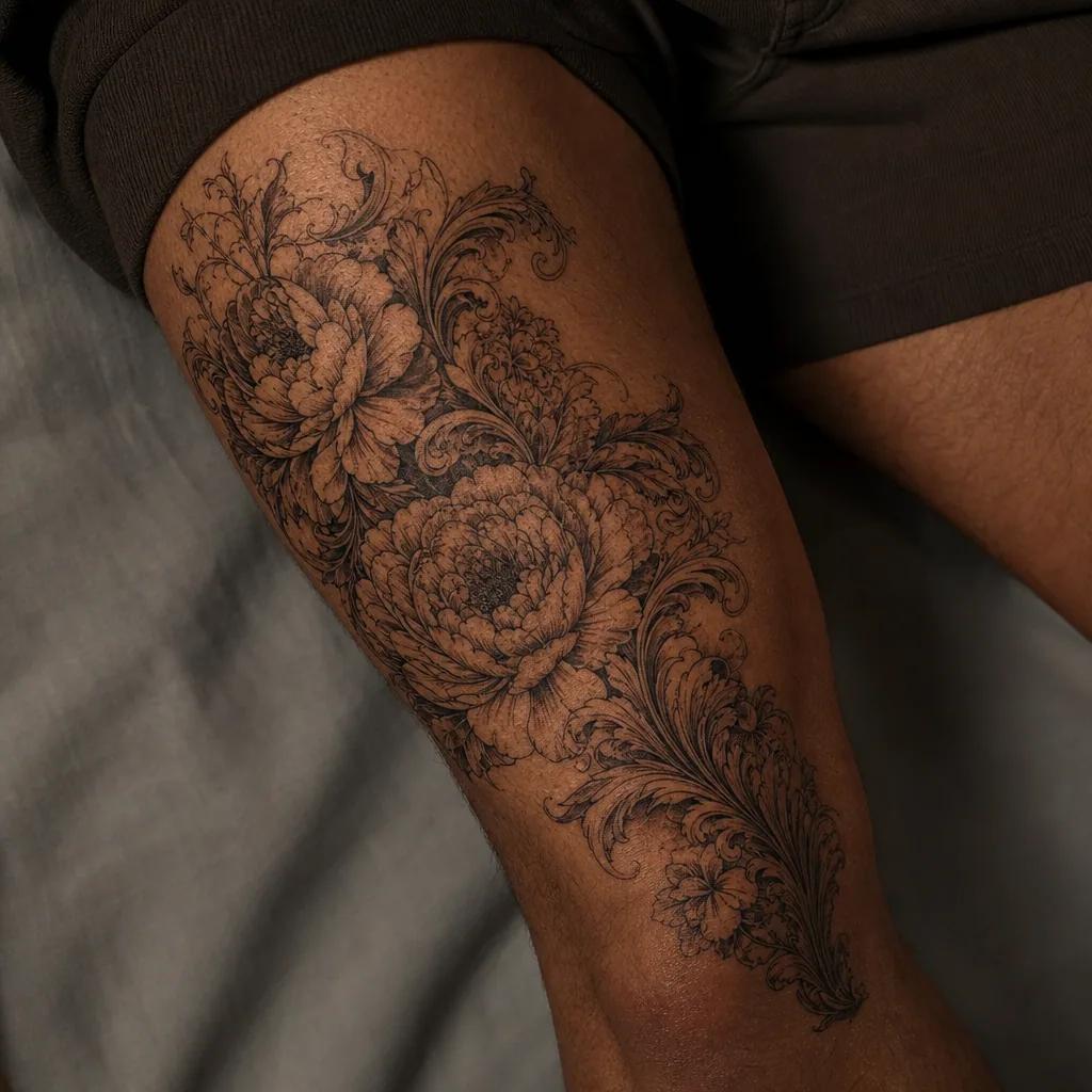 cover-up tattoo barocker blumenstrauß, realistic photo on skin