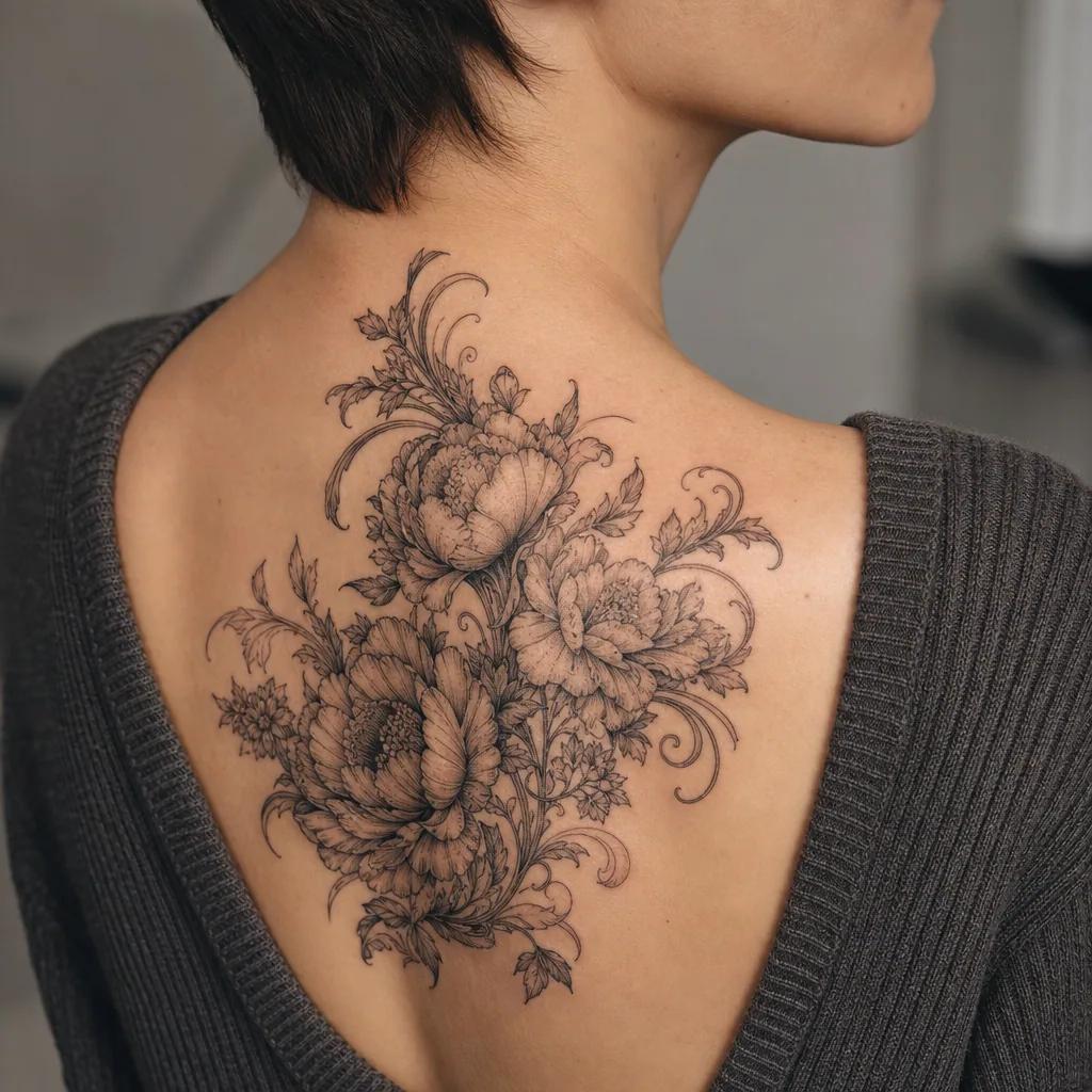 cover-up tattoo barocker blumenstrauß, realistic photo on skin