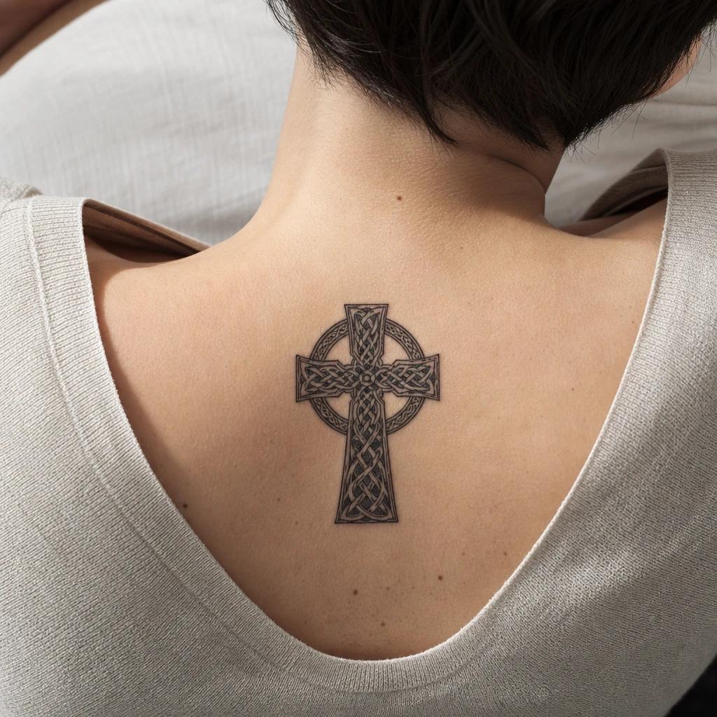 cross tattoo interlaced celtic cross, realistic photo on skin