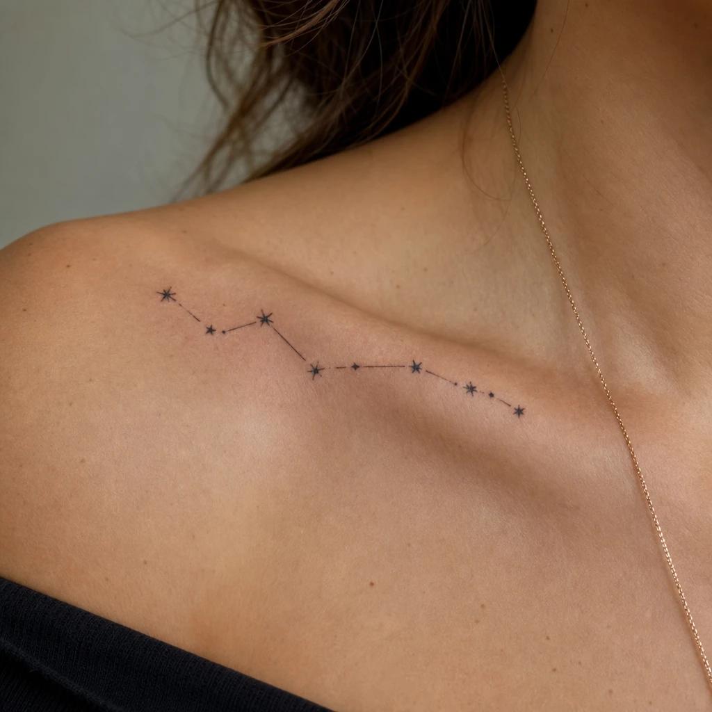 Constellation tattoo of stars connected by a thin line along a woman's collarbone