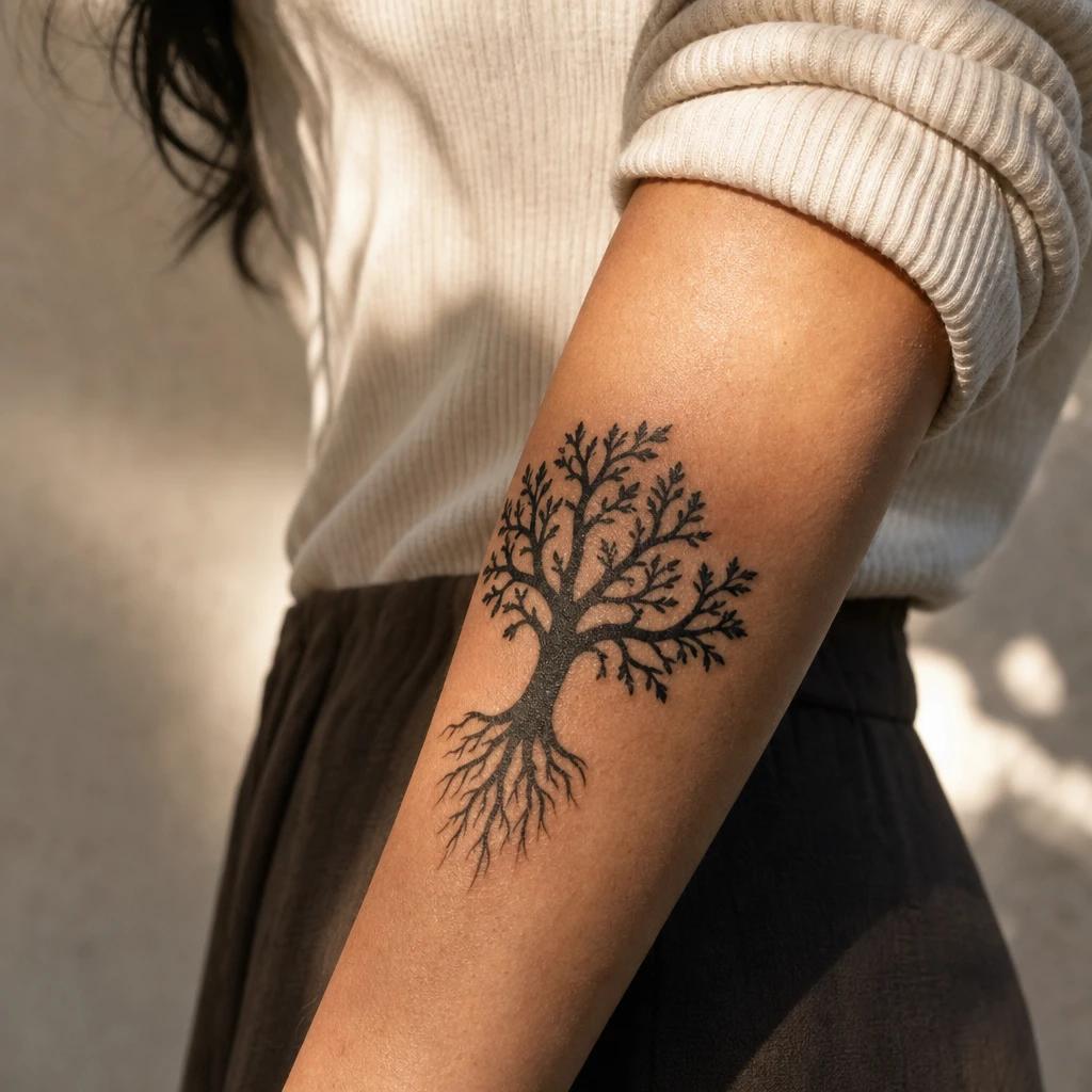 family tattoo blackwork family tree, realistic photo on skin