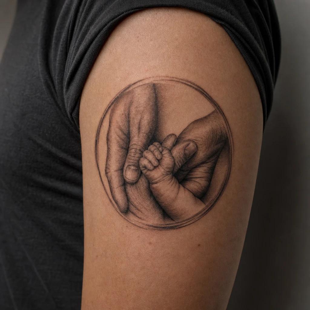 family tattoo realistic hands in a circle, realistic photo on skin