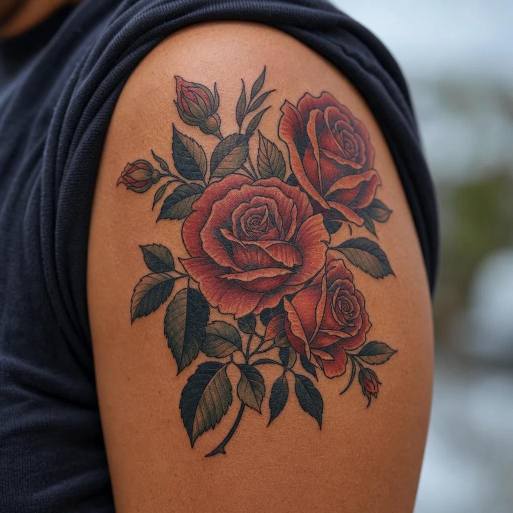 family tattoo neo-traditional family roses, realistic photo on skin