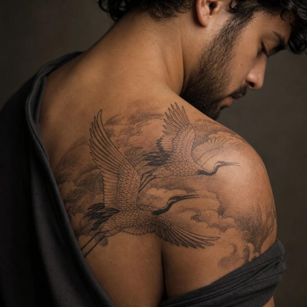 family tattoo japanese cranes in flight, realistic photo on skin