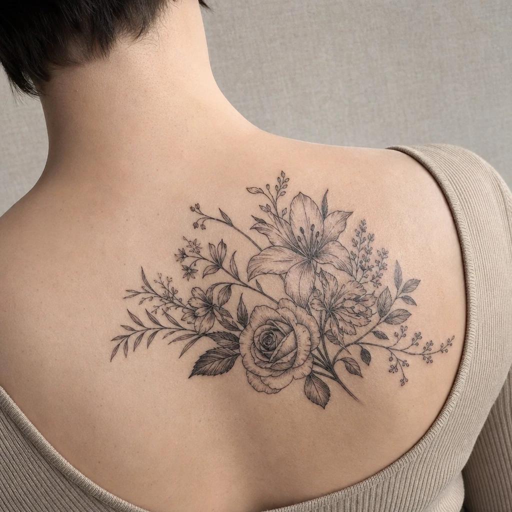 family tattoo floral family bouquet, realistic photo on skin