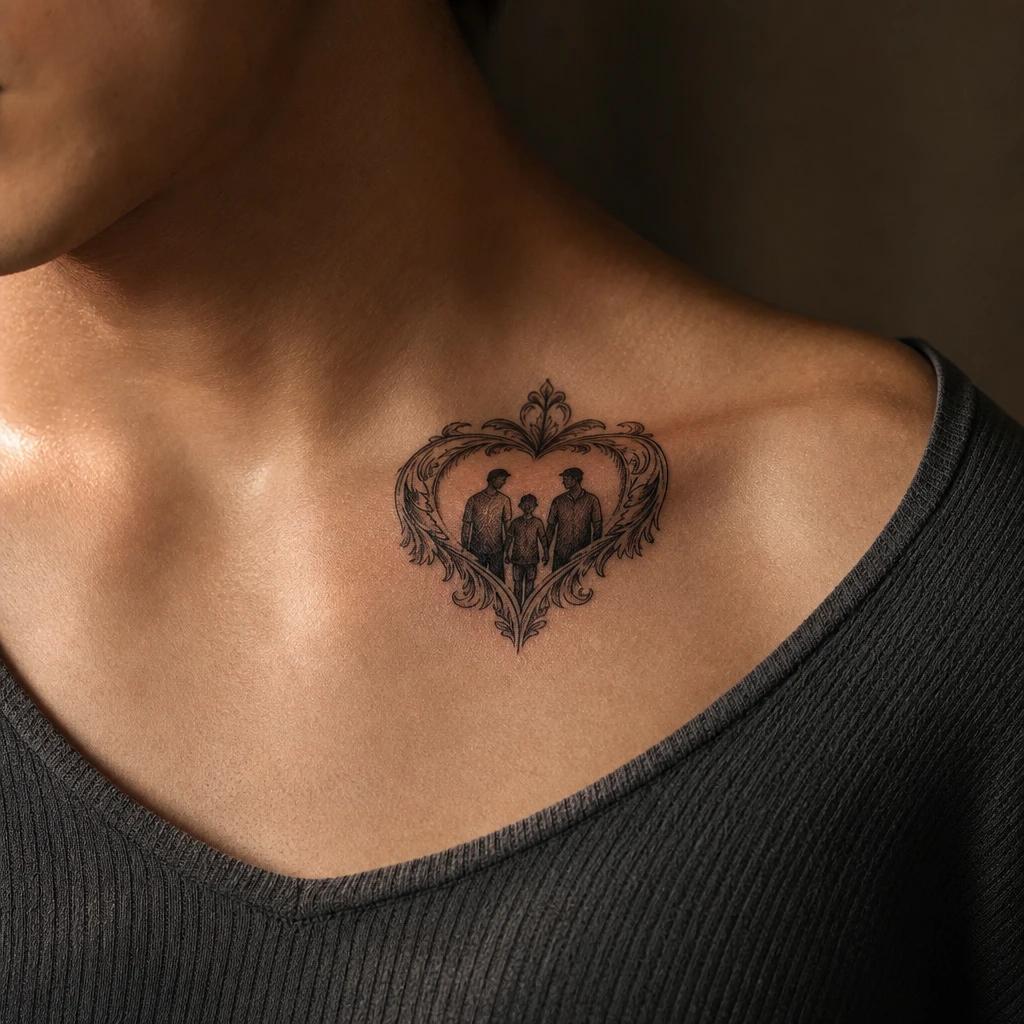 family tattoo ornamental 'family' heart, realistic photo on skin