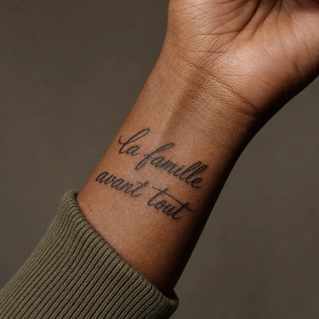 family tattoo 'family first' lettering, realistic photo on skin