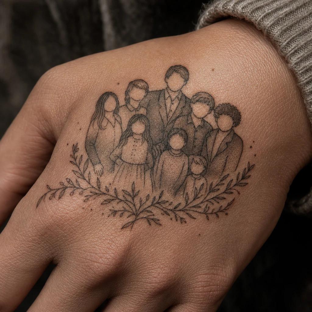 family tattoo family flash patchwork, realistic photo on skin