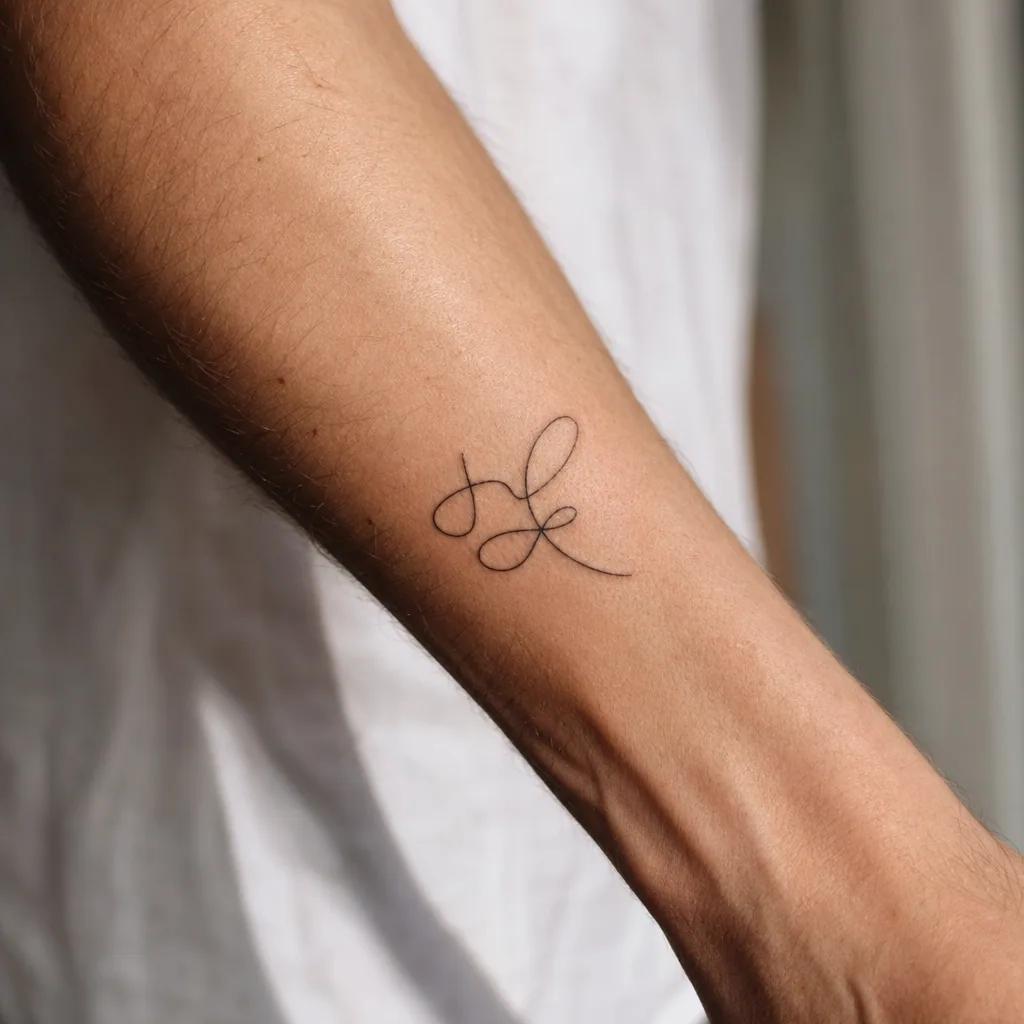 family men tattoo minimalist children's initials, realistic photo on skin