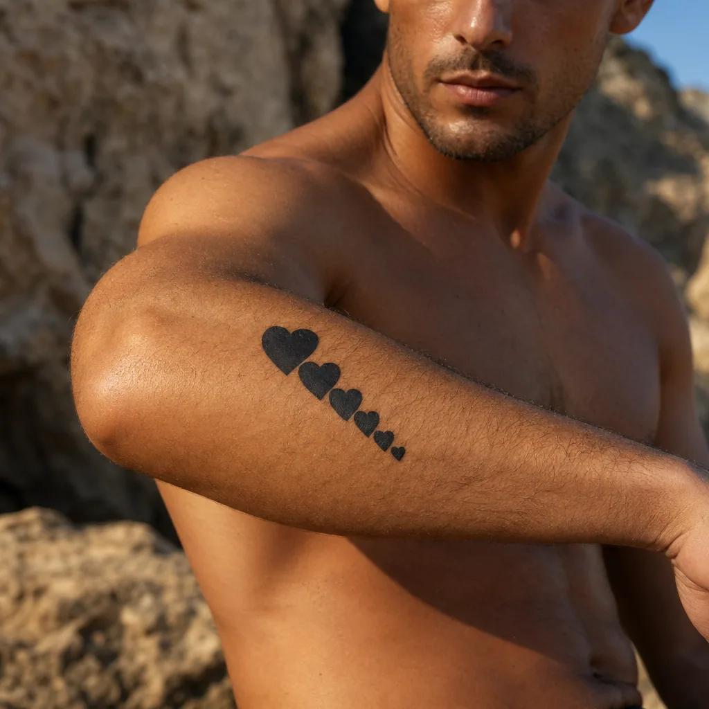 family men tattoo blackwork aligned hearts, realistic photo on skin