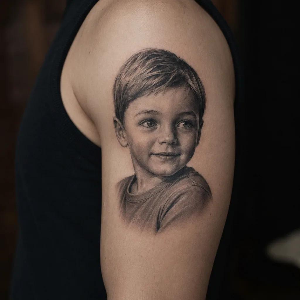 family men tattoo realistic child portrait, realistic photo on skin