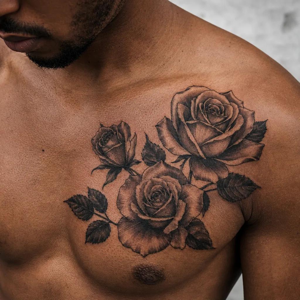 family men tattoo neo-traditional children roses, realistic photo on skin