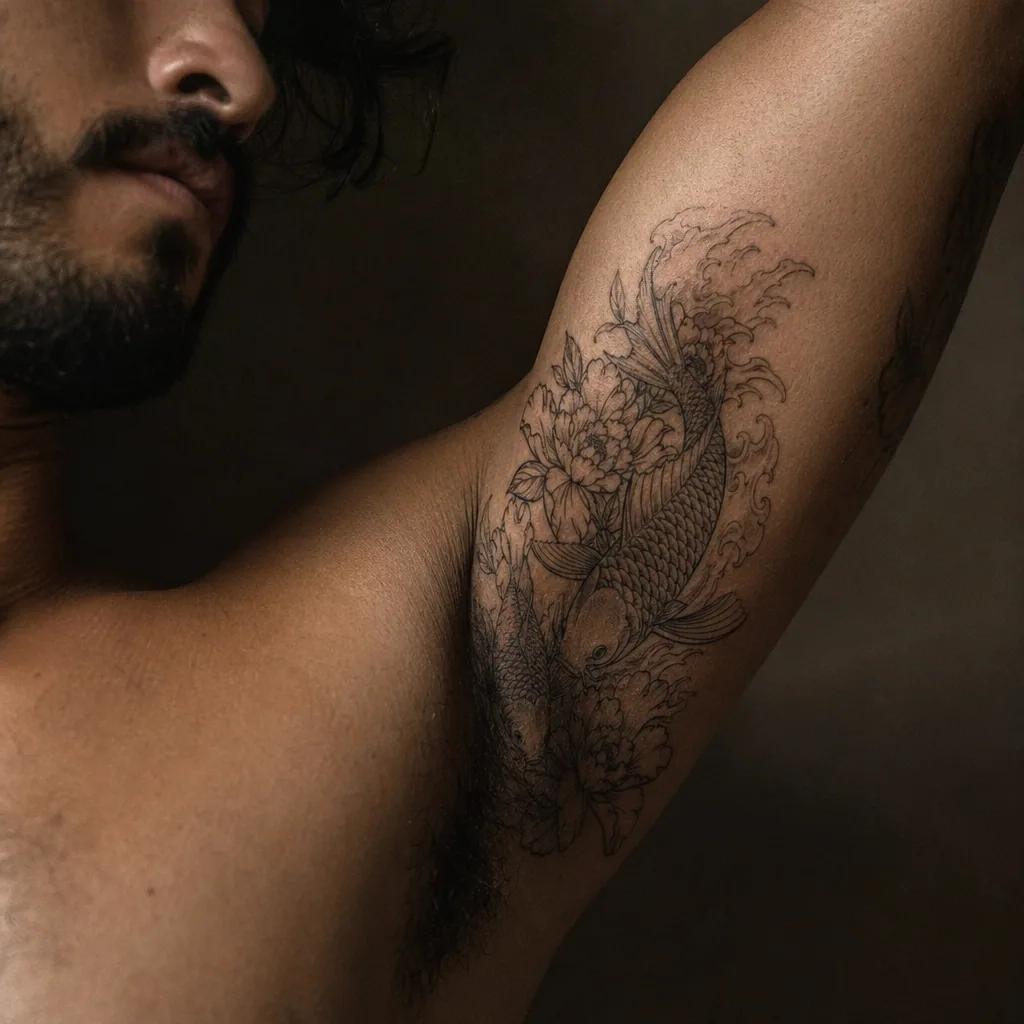 family men tattoo family koi carp, realistic photo on skin