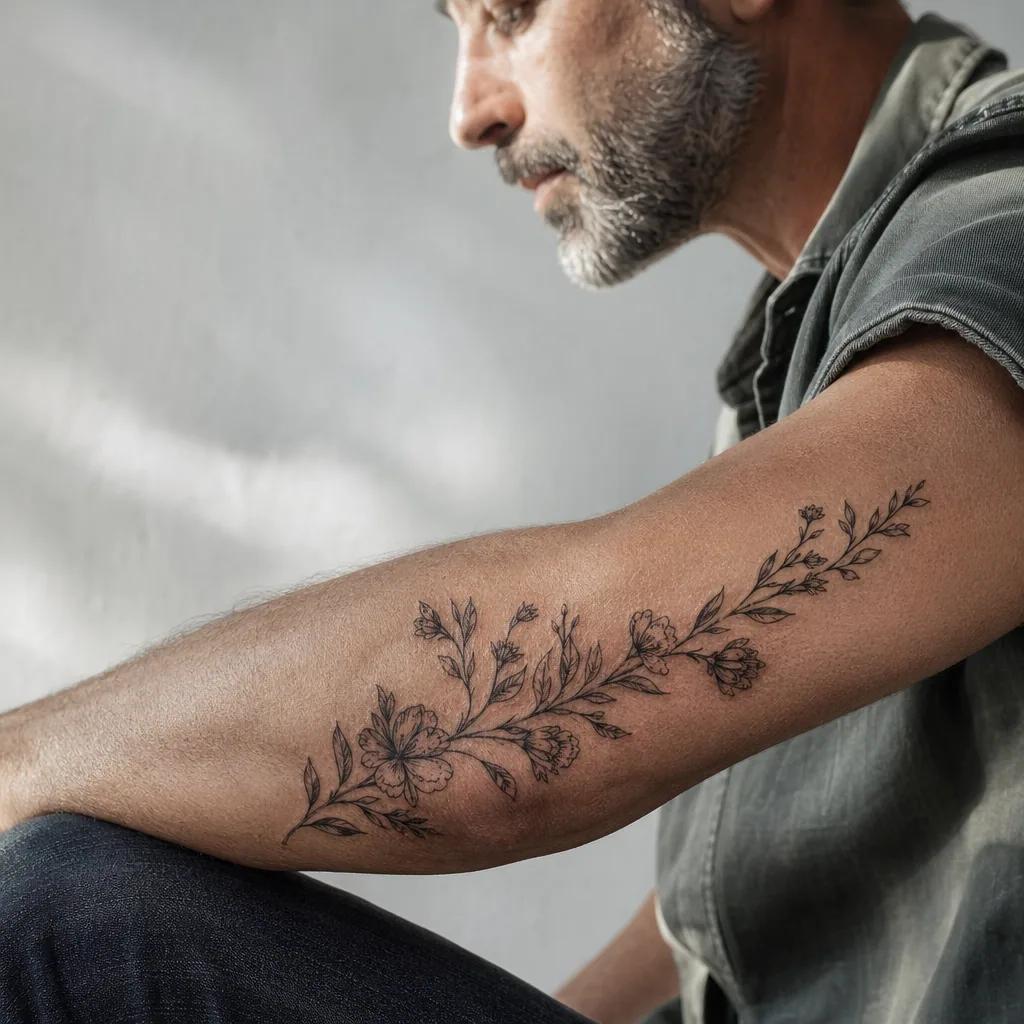 family men tattoo floral branch with names, realistic photo on skin