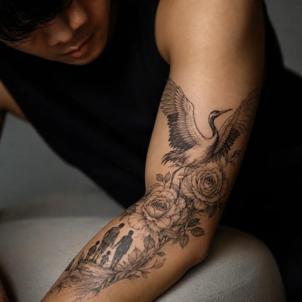 family men tattoo skull and family roses, realistic photo on skin