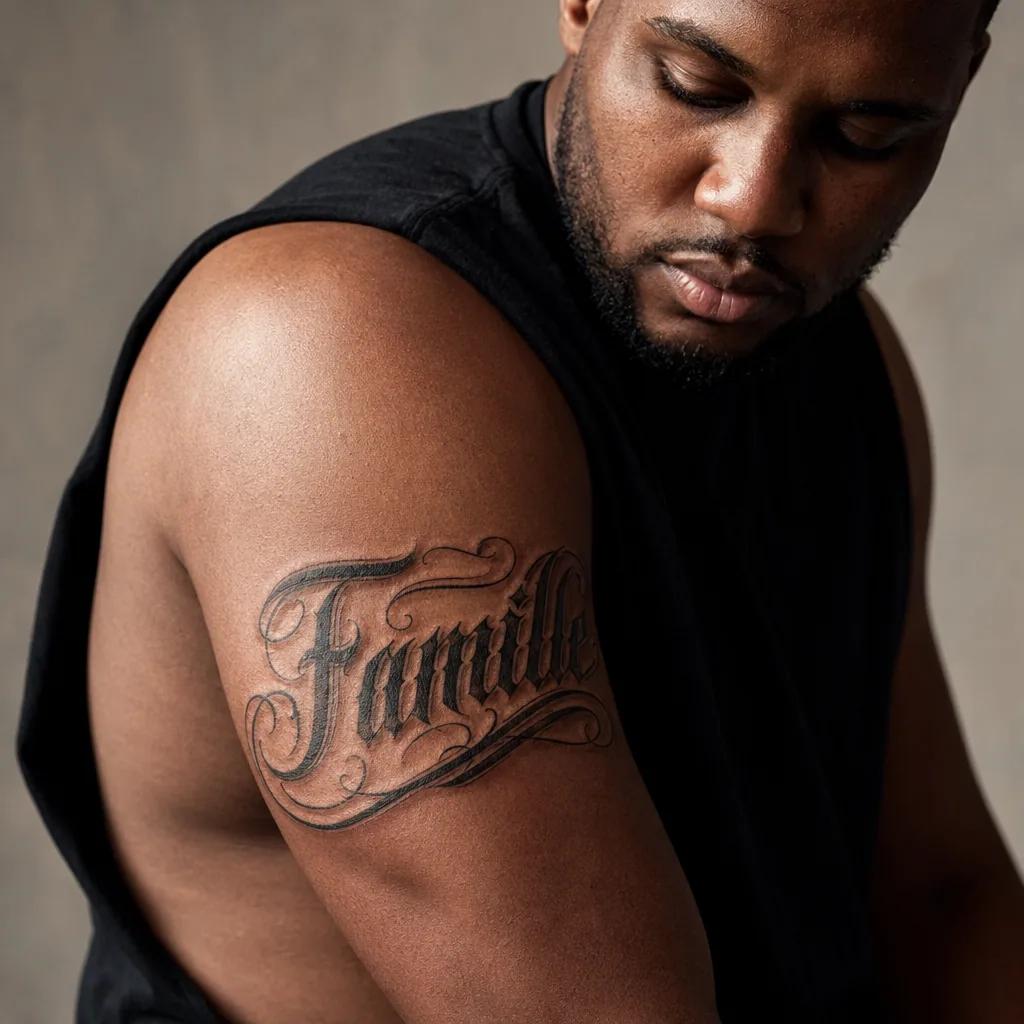 family men tattoo gothic family lettering, realistic photo on skin