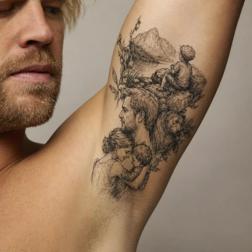 family men tattoo family flash patchwork, realistic photo on skin