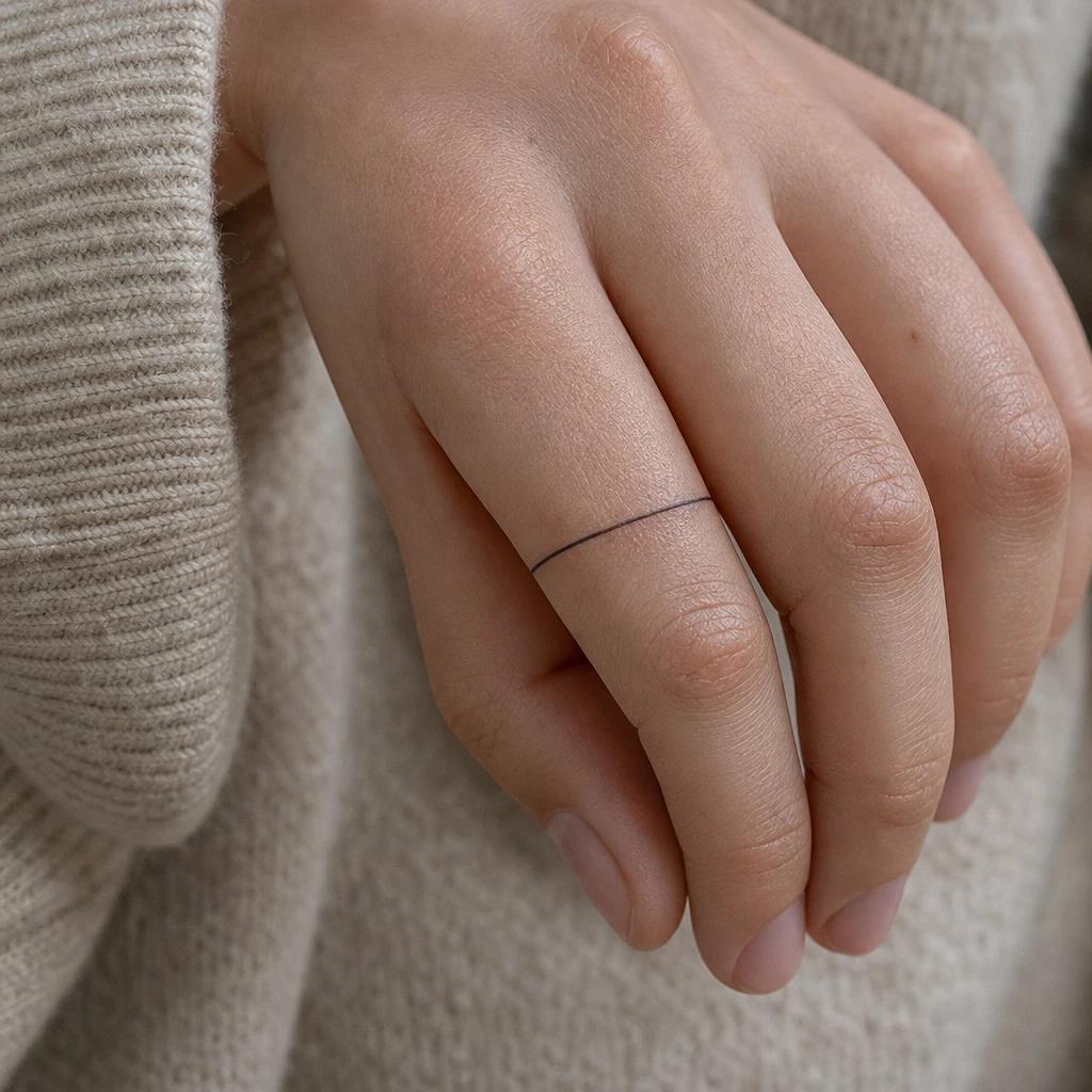 women's finger tattoo minimalist thin ring, realistic photo on skin