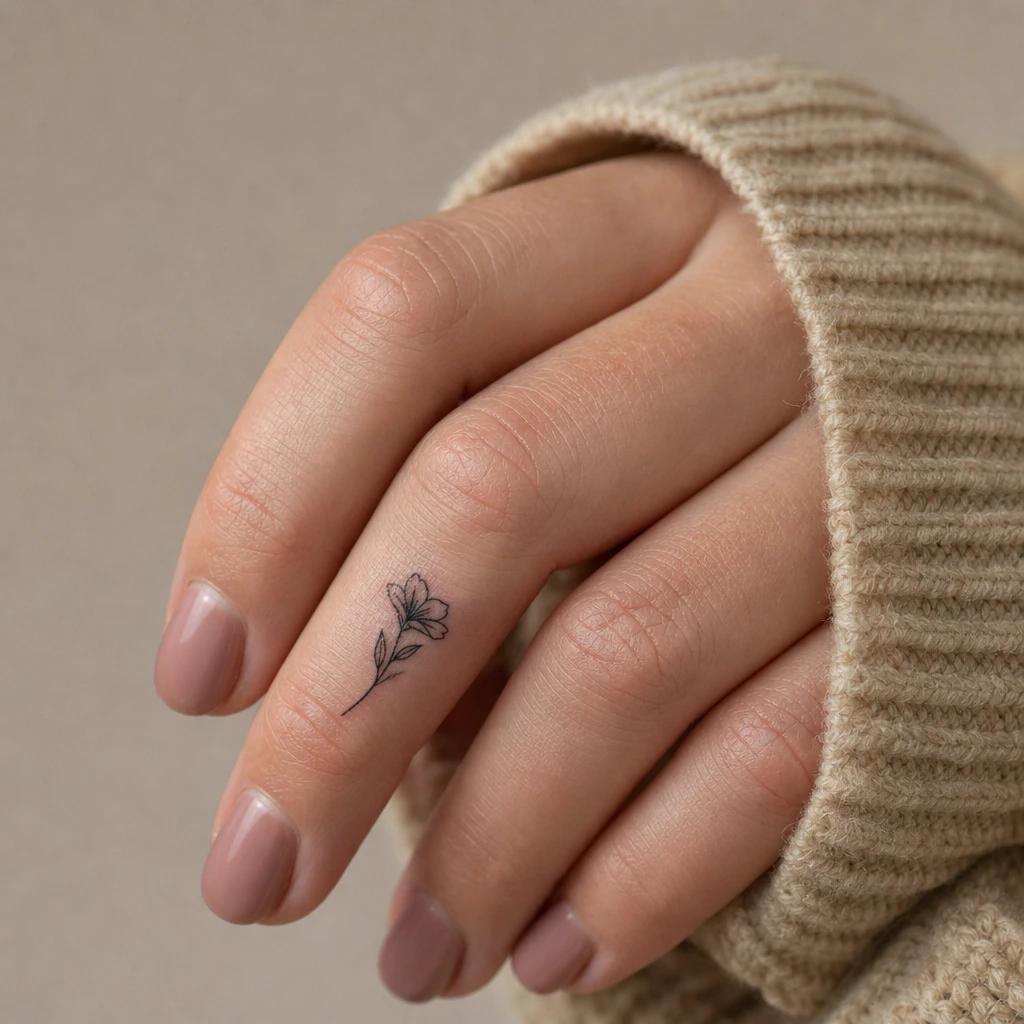 women's finger tattoo small finger flower, realistic photo on skin