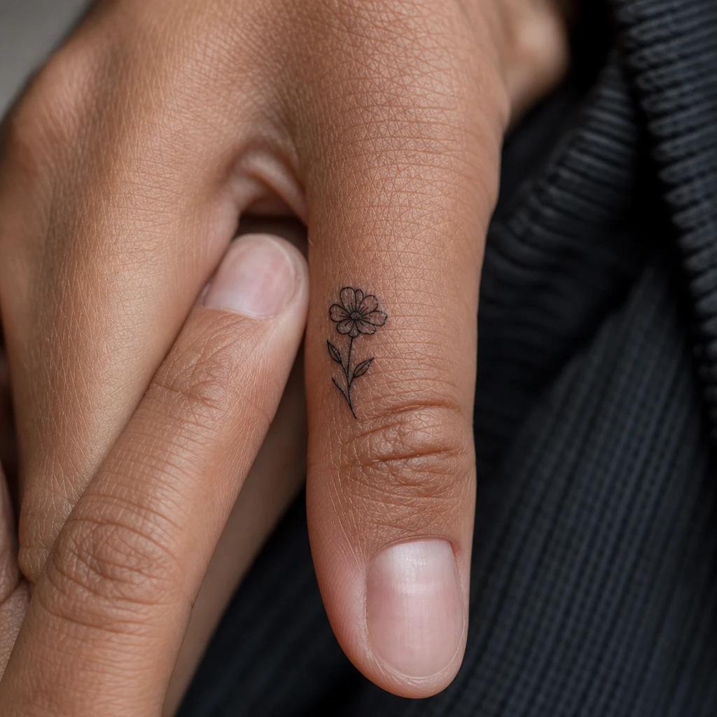 women's finger tattoo small finger flower, realistic photo on skin