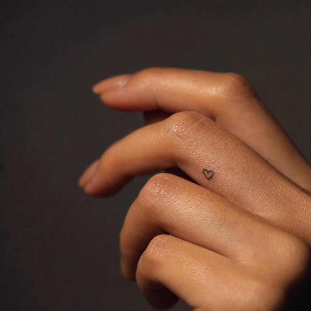 women's finger tattoo tiny heart, realistic photo on skin