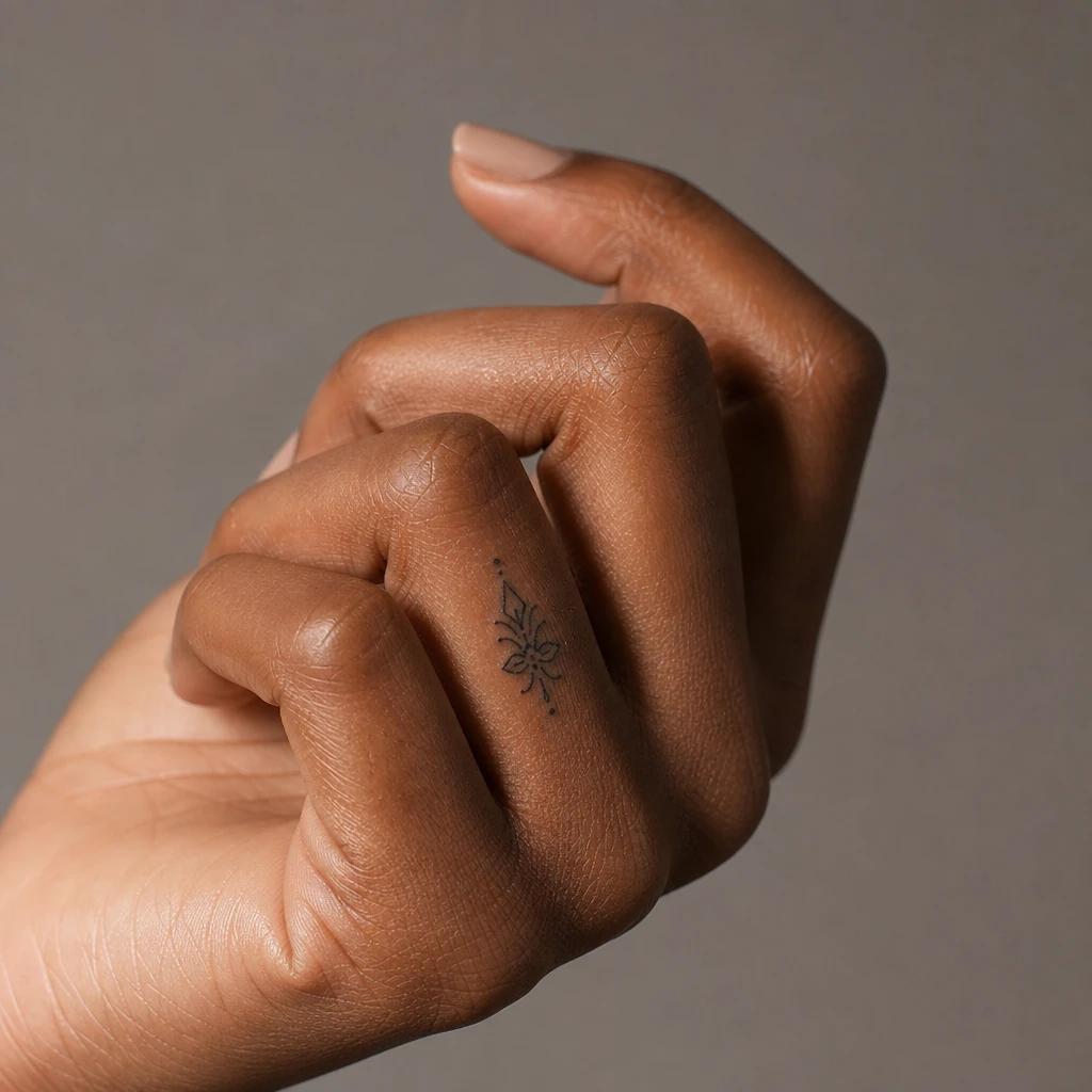 women's finger tattoo short knuckle word, realistic photo on skin