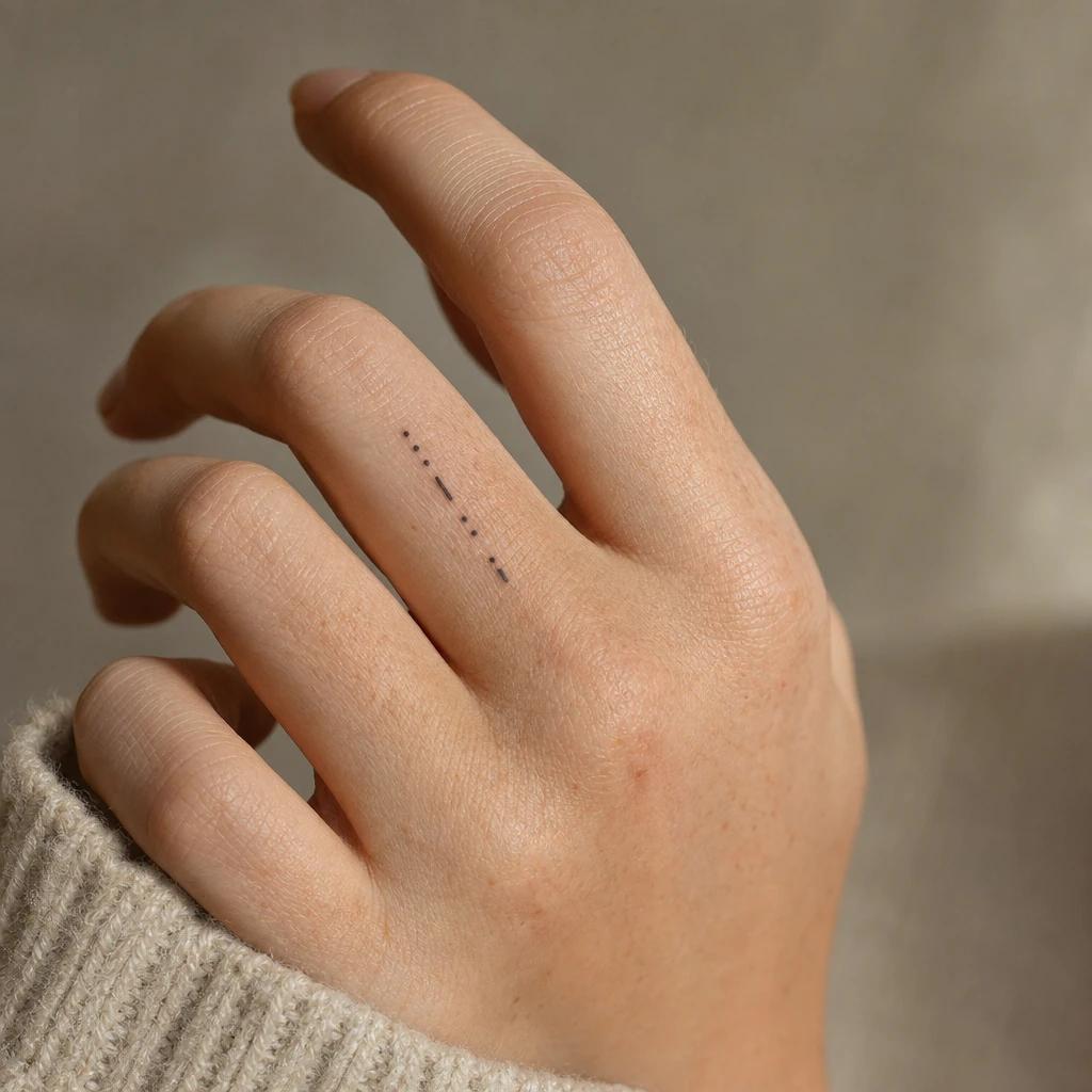 women's finger tattoo dots and dashes, realistic photo on skin