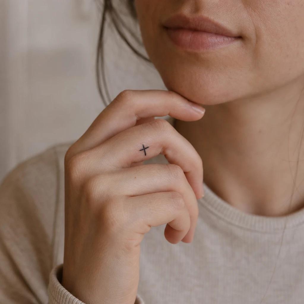 women's finger tattoo small cross, realistic photo on skin