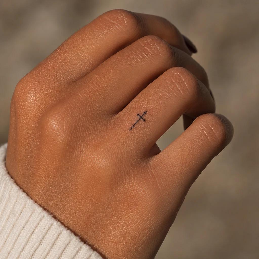 women's finger tattoo small cross, realistic photo on skin
