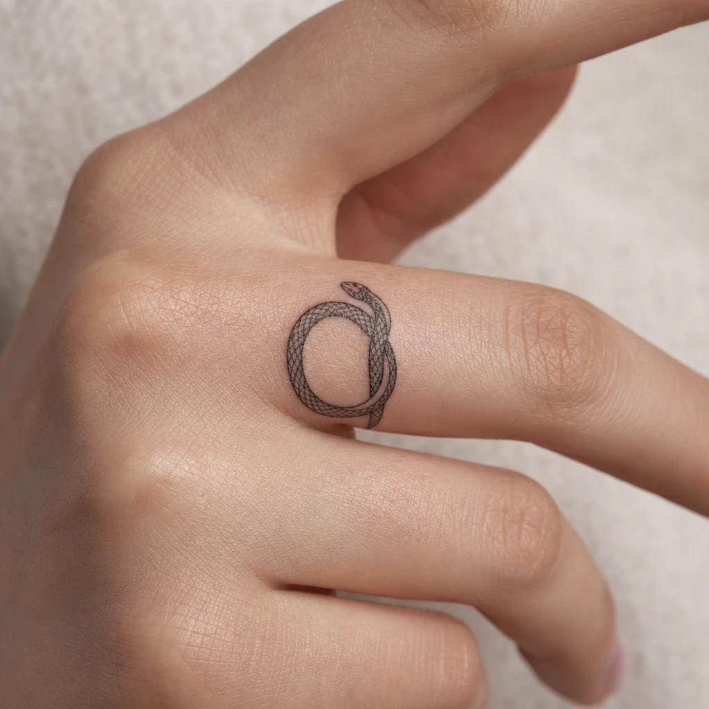 women's finger tattoo snake ring, realistic photo on skin