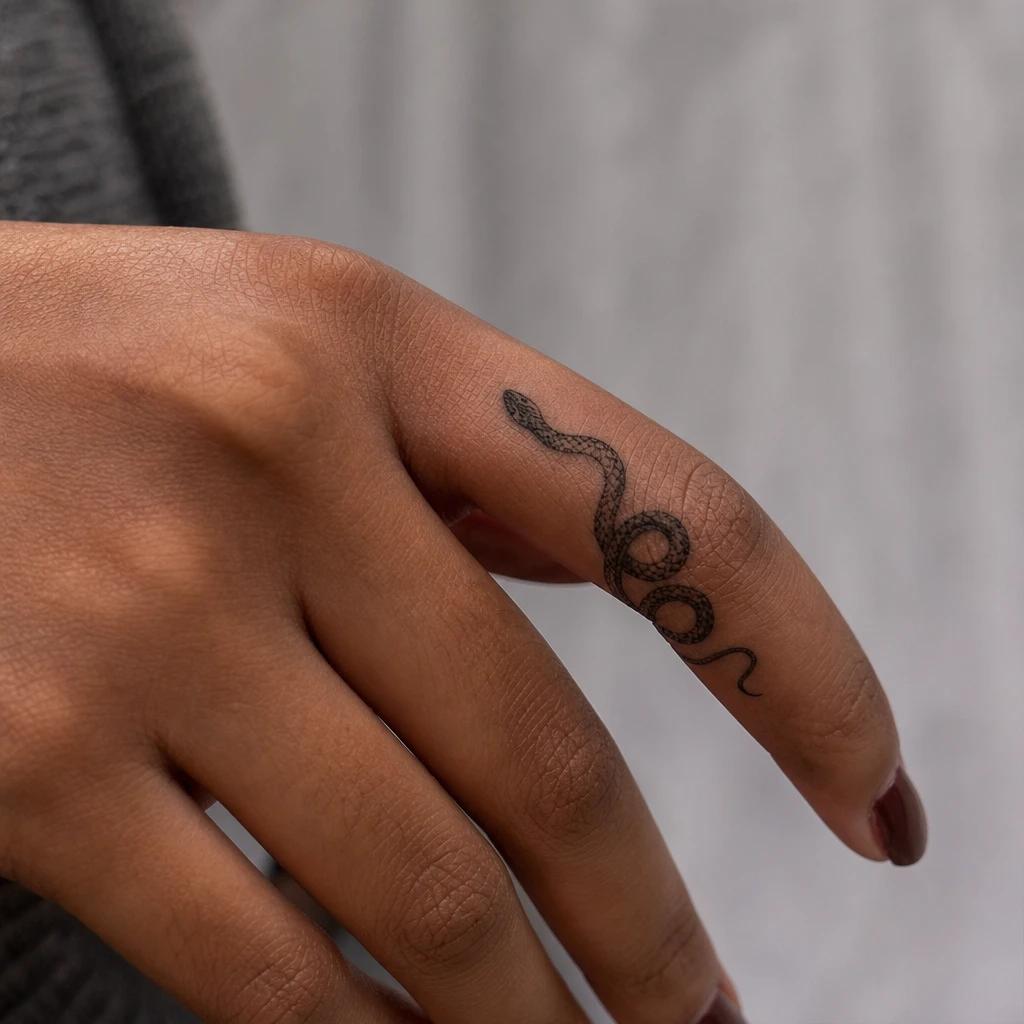women's finger tattoo snake ring, realistic photo on skin
