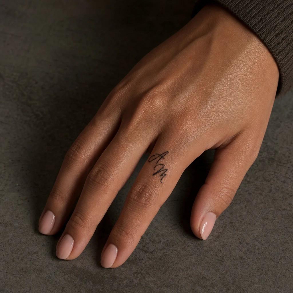women's finger tattoo initials, realistic photo on skin