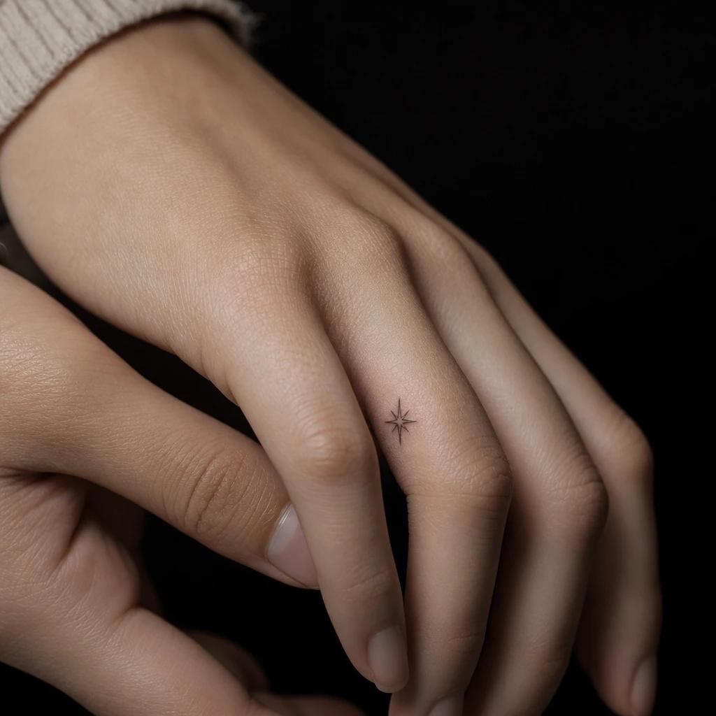 women's finger tattoo tiny star, realistic photo on skin