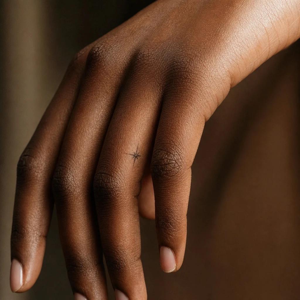 women's finger tattoo tiny star, realistic photo on skin