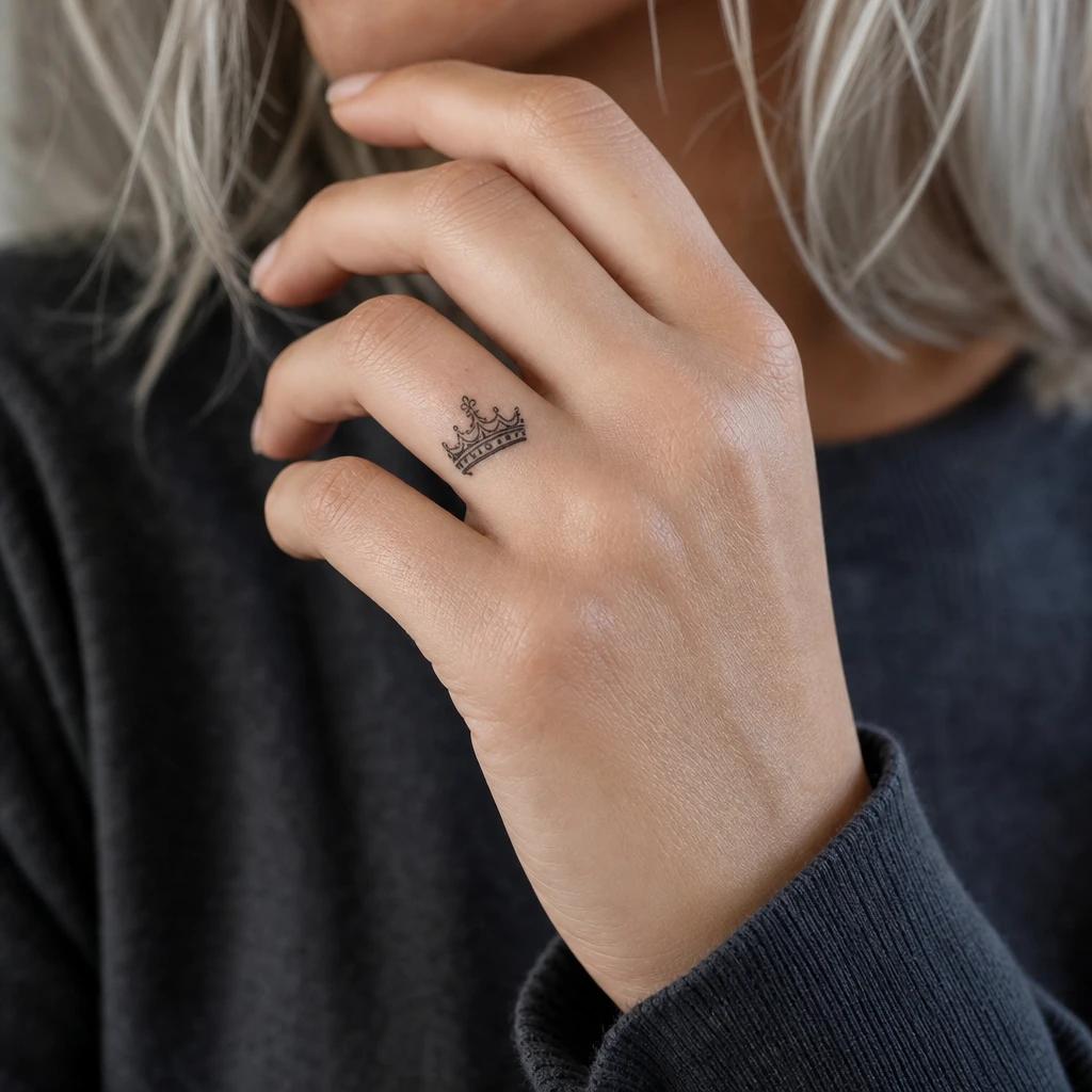 women's finger tattoo fine crown, realistic photo on skin
