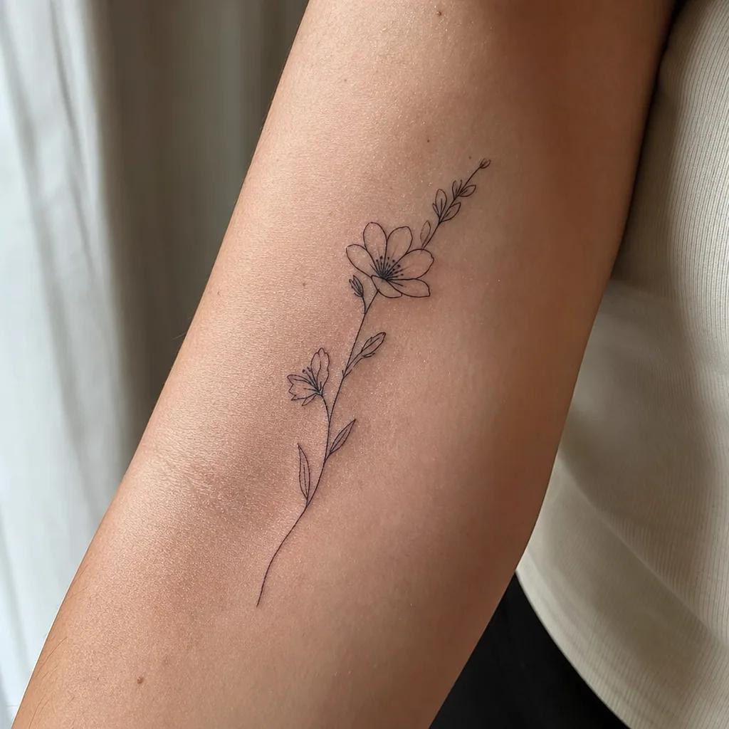 Fleur stylisée minimaliste à l'avant-bras, exemple de premier tatouage féminin