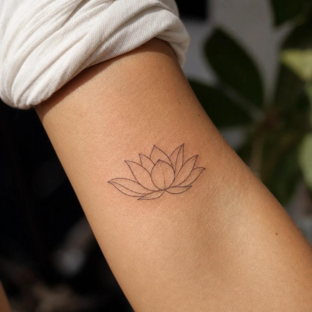 Fine-line lotus tattoo with delicate linework on a woman's arm