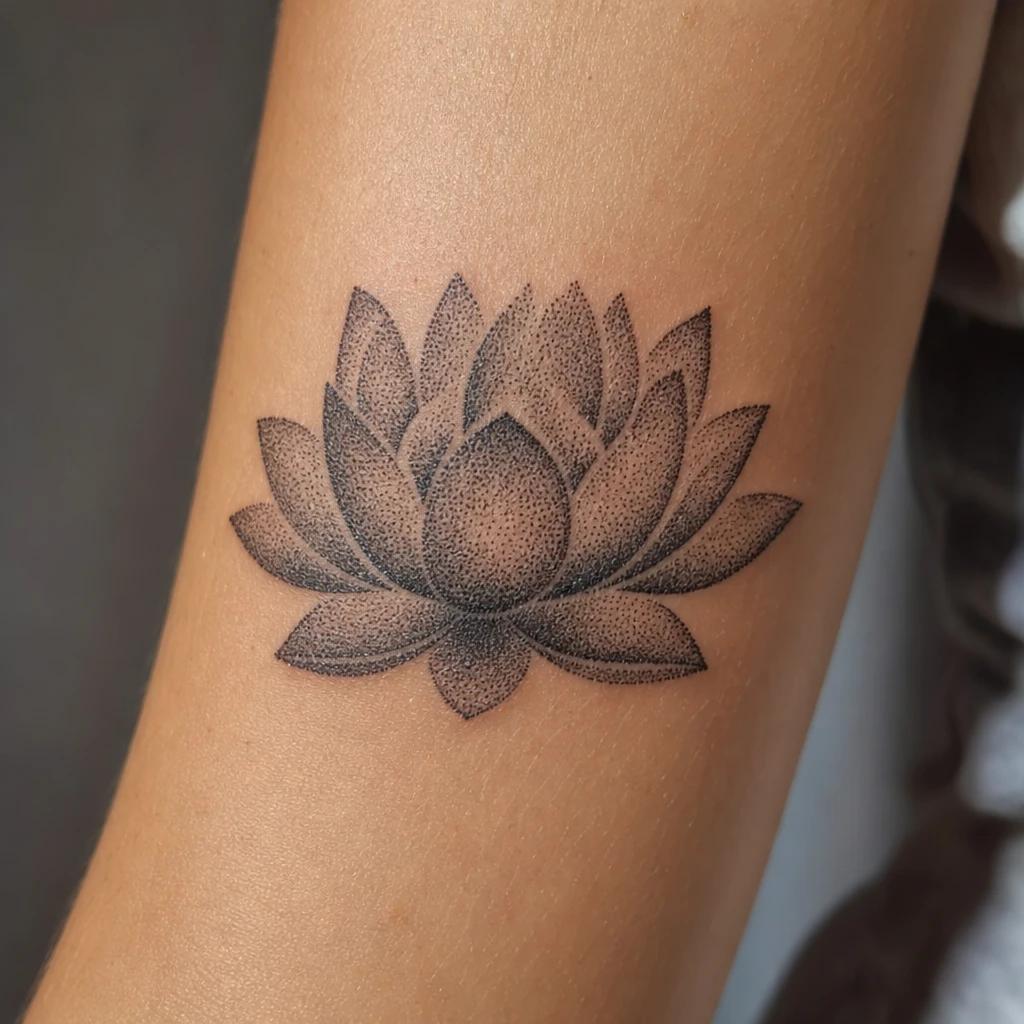 Dotwork lotus tattoo made entirely of stippled dots on the arm